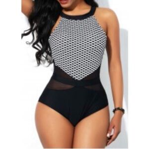 Women's Black & White High-Neck One-Piece Swimsuit